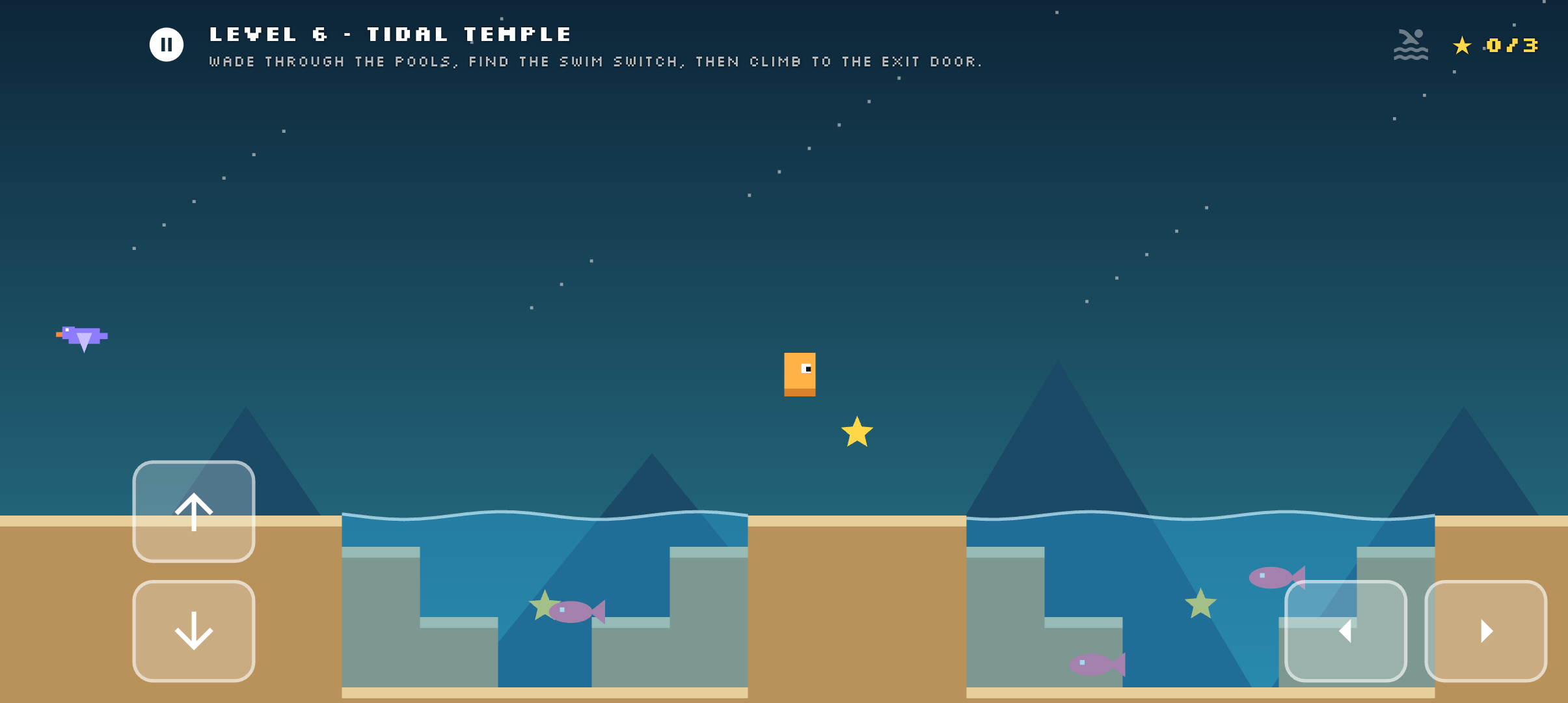 TideShift gameplay: a pixel-art hero jumping over water toward a star