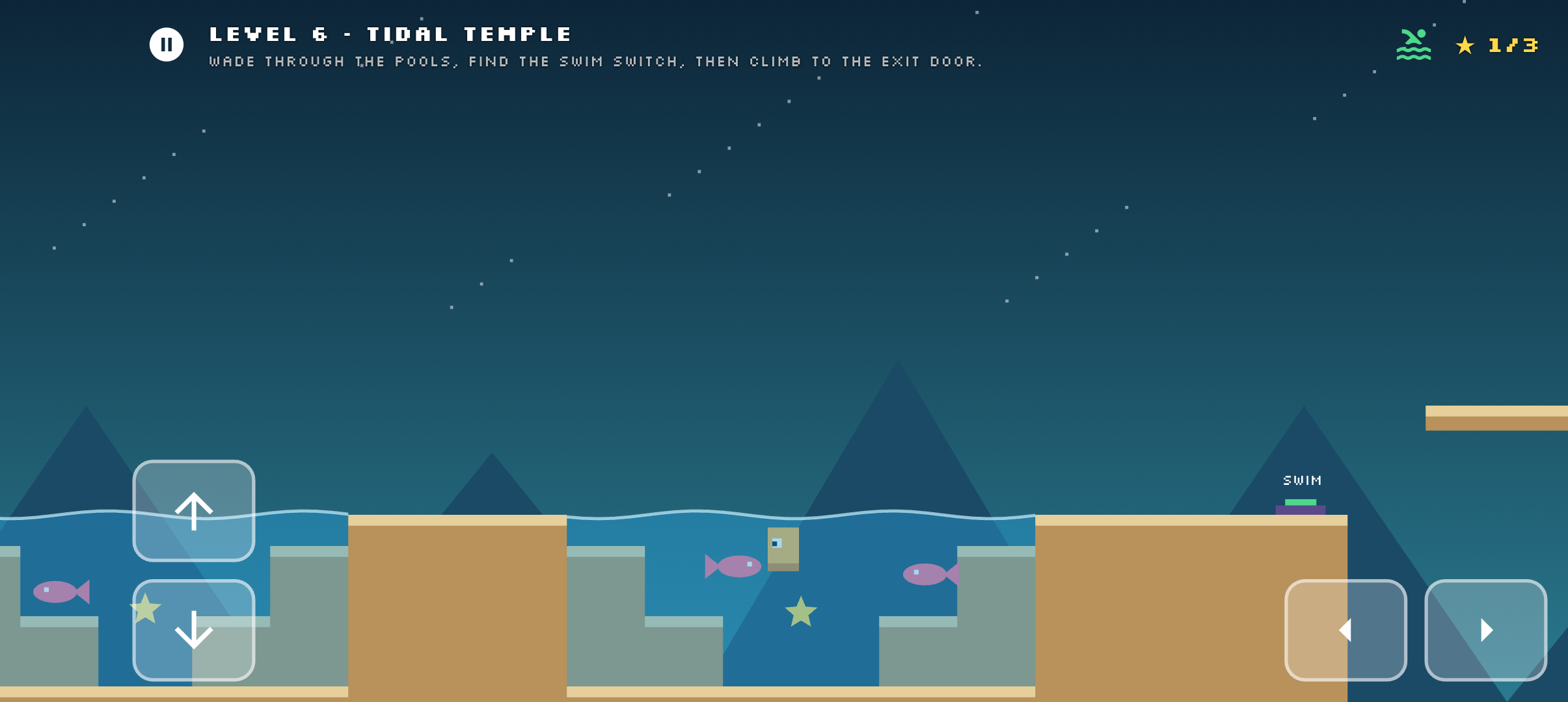 TideShift hero swimming underwater toward a star beside a fish