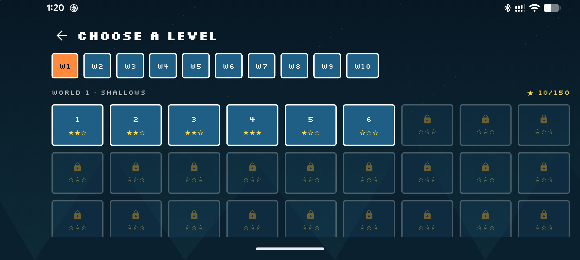 TideShift level select screen with world tabs and star ratings